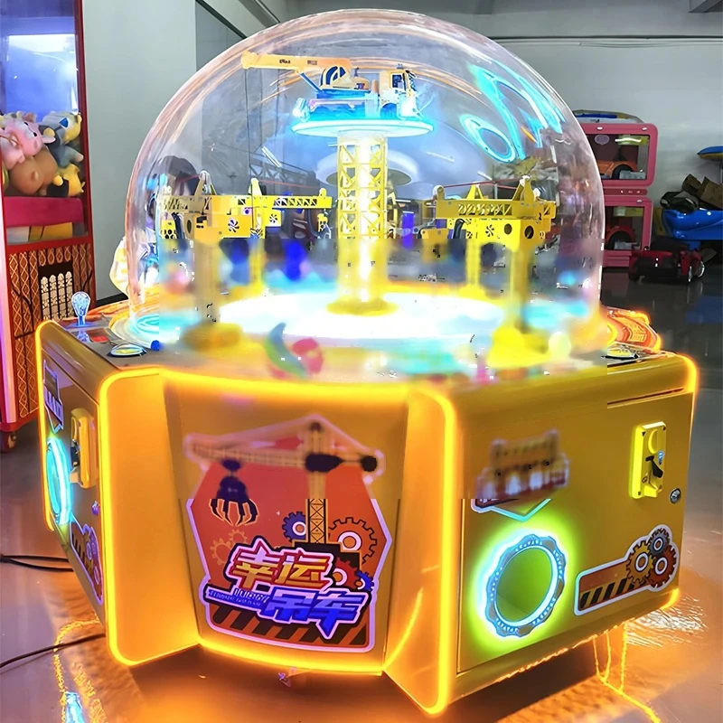 Lucky Tower Crane Four-Player Prize Machine — dome-covered yellow fishing arcade machine