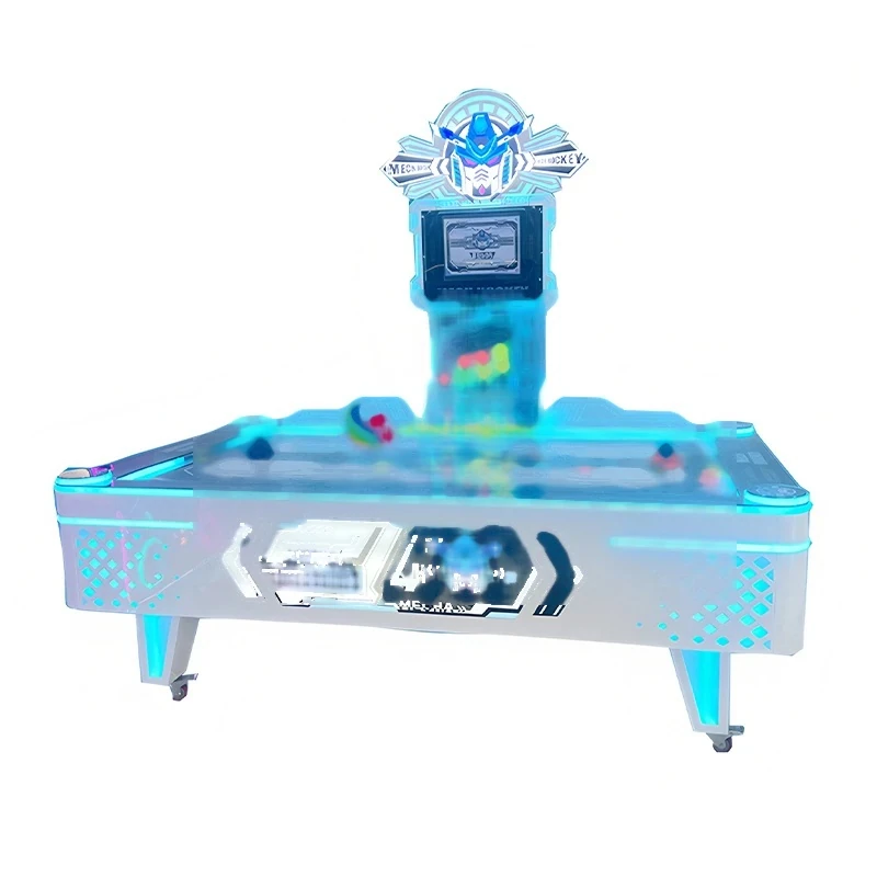 Mech Hockey Arena — blue air hockey table with an overhead central scoreboard